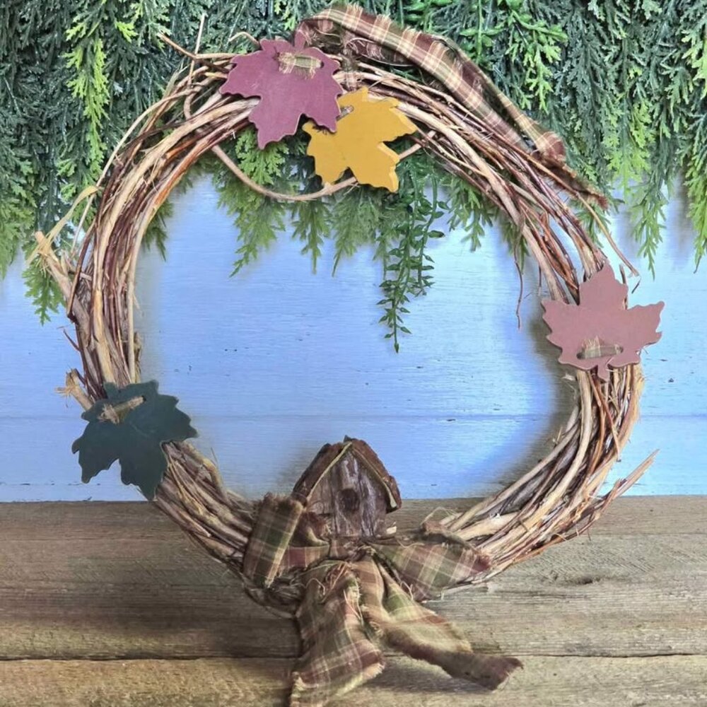 Primitive Twig Birdhouse Maple Leaf Wreath Fall Harvest Farmhouse Decor
